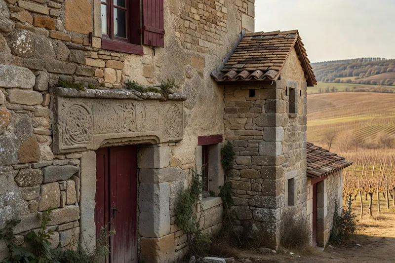 Mur de ferme forézienne en pierre de pays et moellons apparents