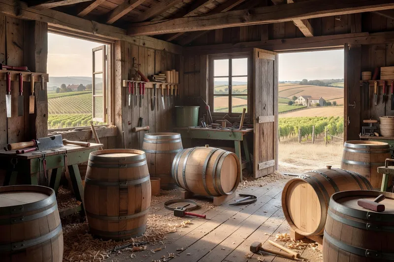 Tonnelier rural façonnant un tonneau en bois de chêne, geste traditionnel du cerclage