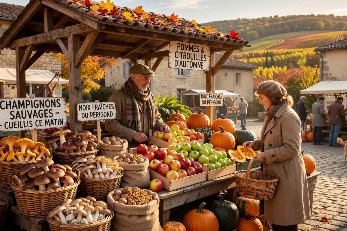Étal de marché saisonnier avec produits du Forez en automne