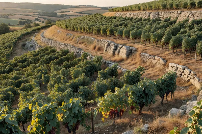 Vignoble en coteaux de l'appellation Côtes du Forez, rangs de gamay exposés au soleil