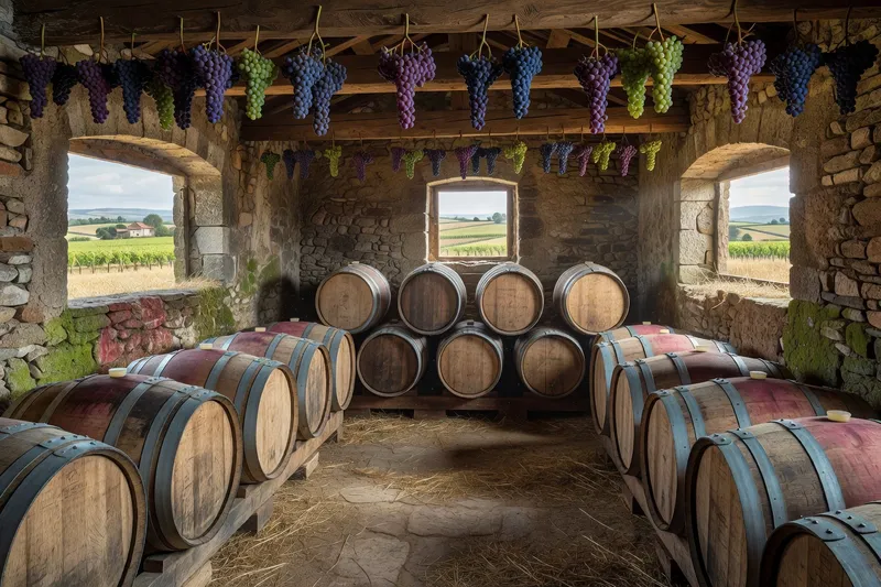 Vieux pressoir à vin en bois et outils vignerons anciens conservés comme patrimoine viticole du Forez