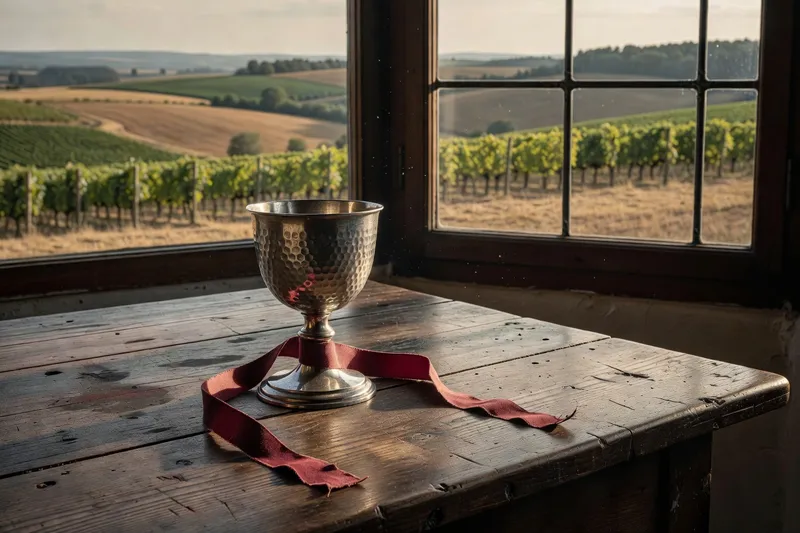 Défilé de sociétaires d'une confrérie vigneronne du Forez portant bannière et attributs traditionnels