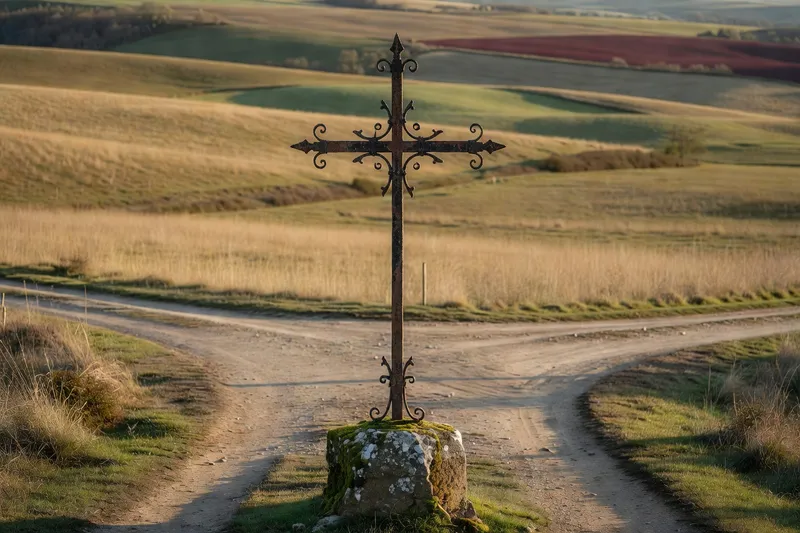 Croix de chemin en pierre du XVIIe siècle à un carrefour rural du Forez
