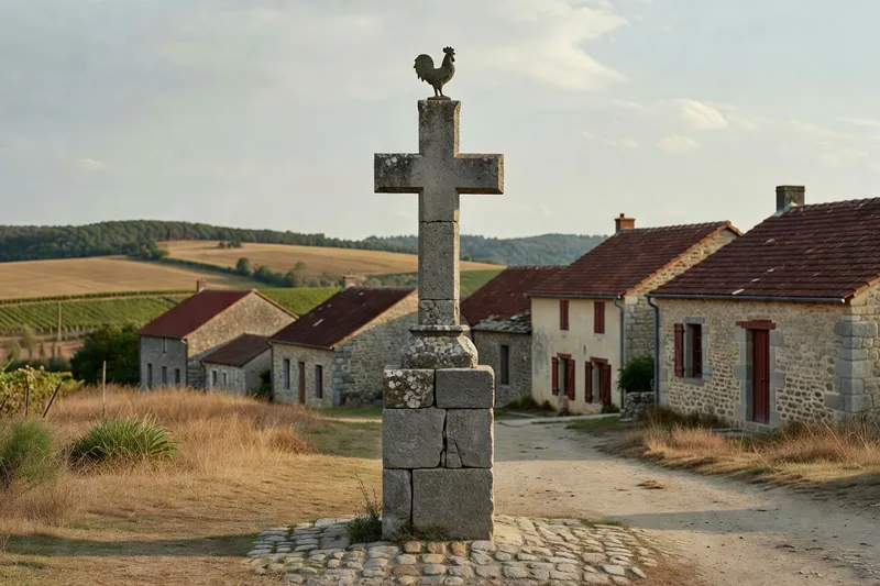 Procession rurale traditionnelle passant devant une croix de chemin dans un hameau du Forez