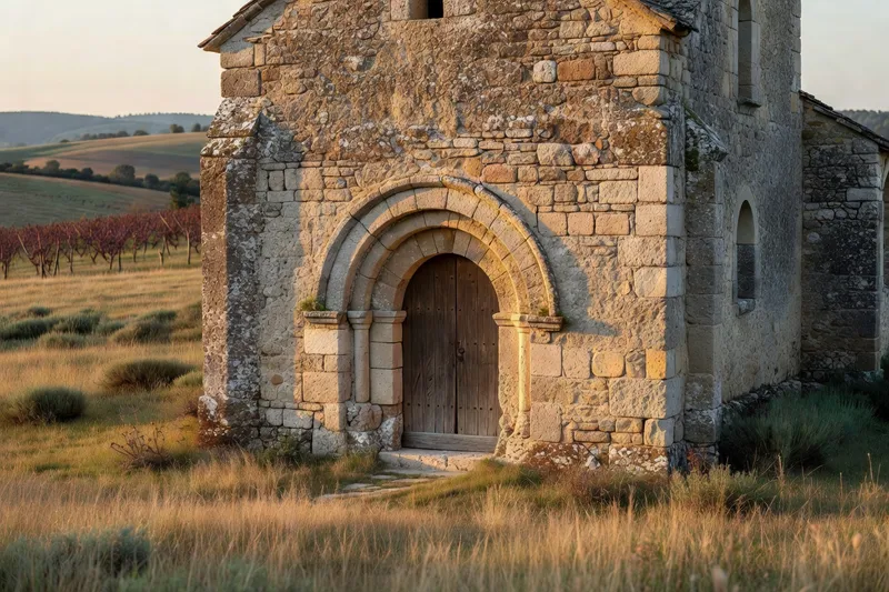 Clocher roman massif en granite dominant une petite église rurale du Forez