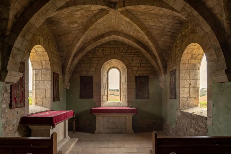 Toiture ancienne et maçonnerie fragilisée d'une chapelle rurale du Forez nécessitant restauration