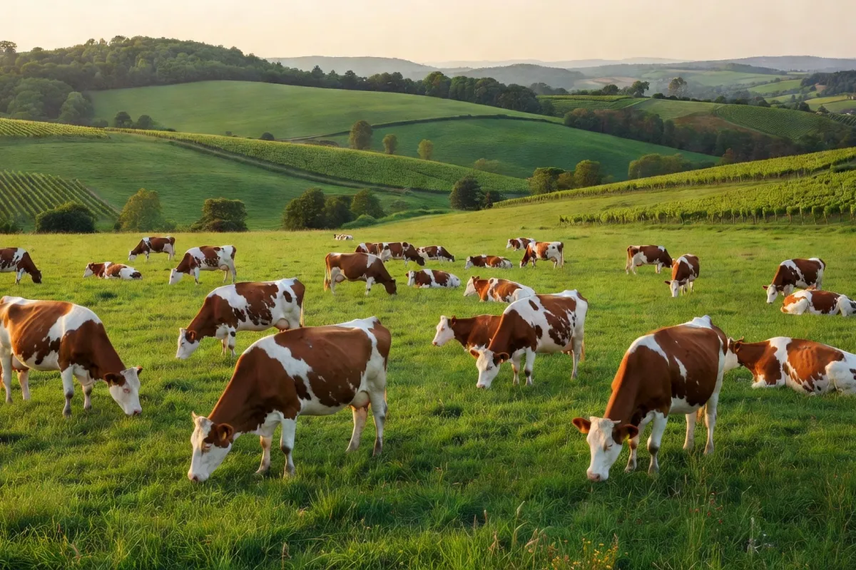 Troupeau de vaches laitieres dans une prairie du Forez avec coteaux en arriere-plan