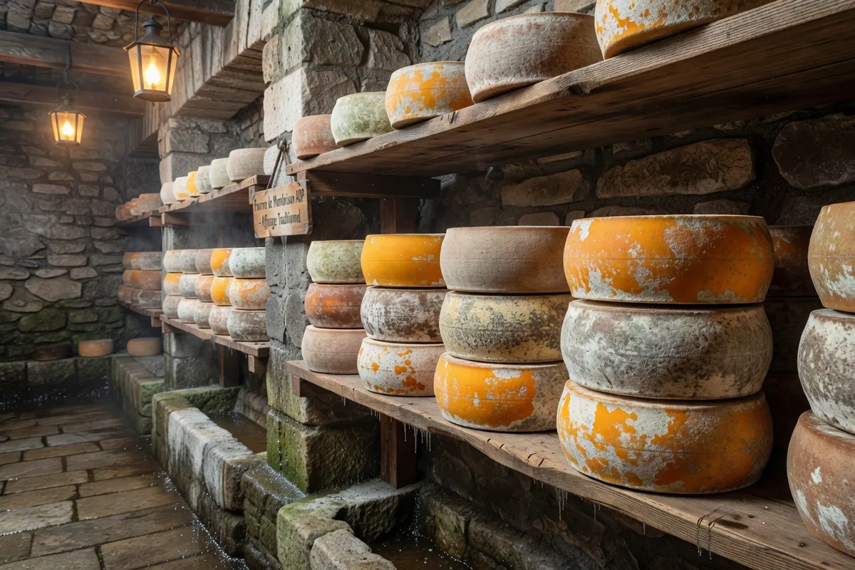 Meules de fourme de Montbrison AOP affinées en cave traditionnelle