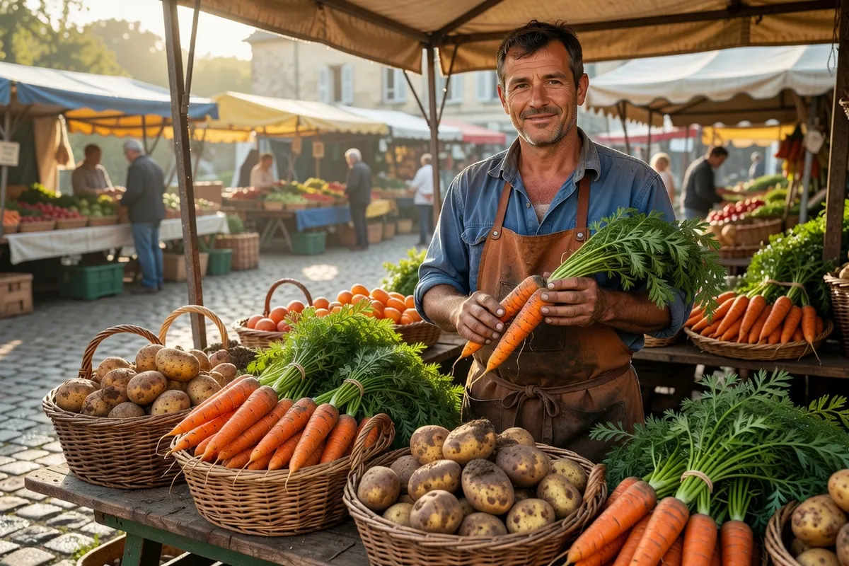 Producteur local présentant ses légumes sur un étal de marché de village en Forez