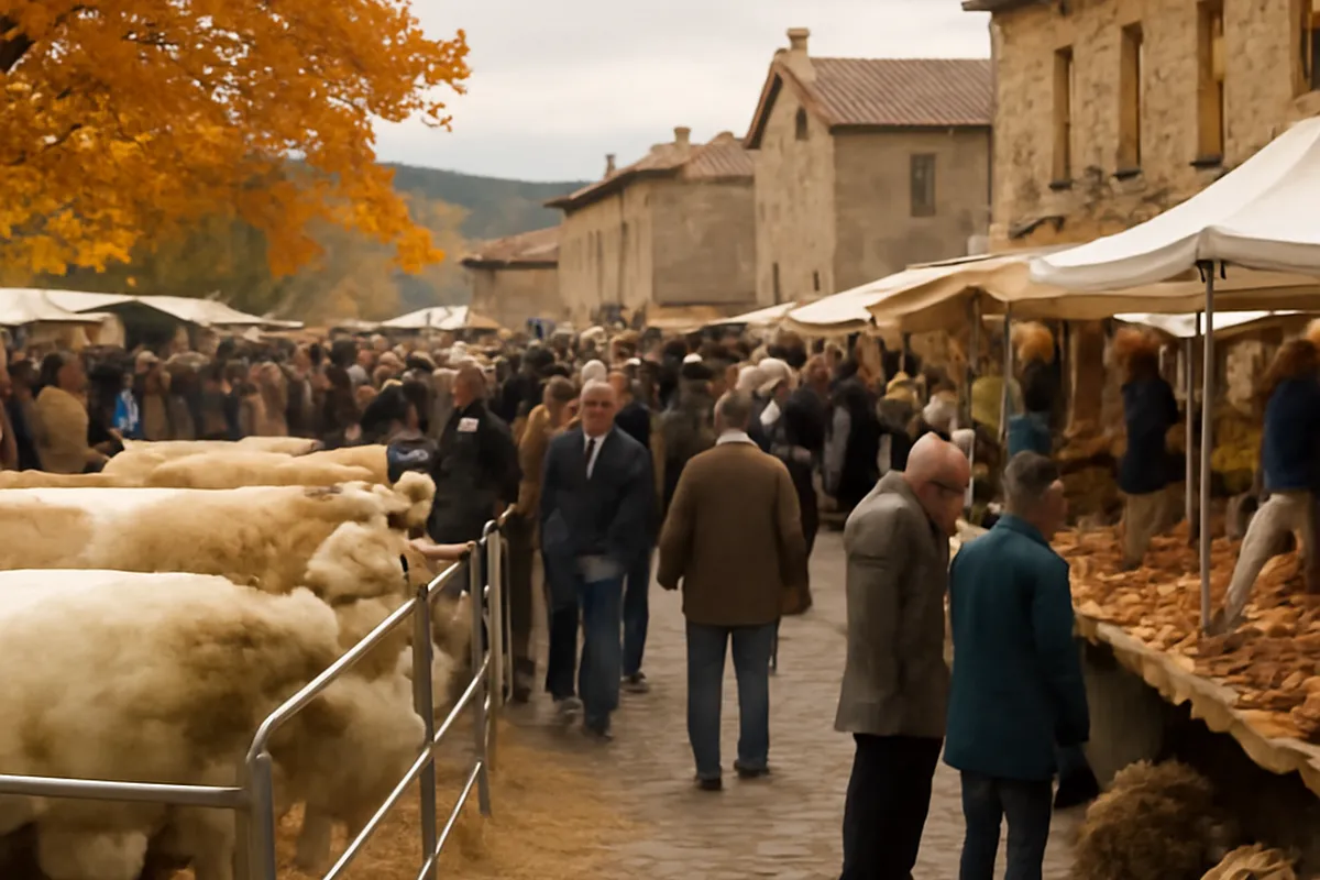 Foire agricole saisonnière dans un village du Forez avec animaux et stands artisanaux