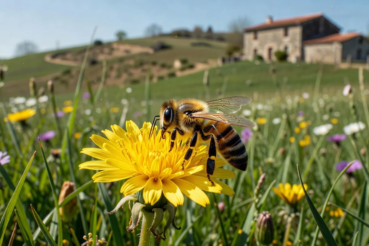 Abeille butinant une fleur sauvage sur un coteau du Forez au printemps