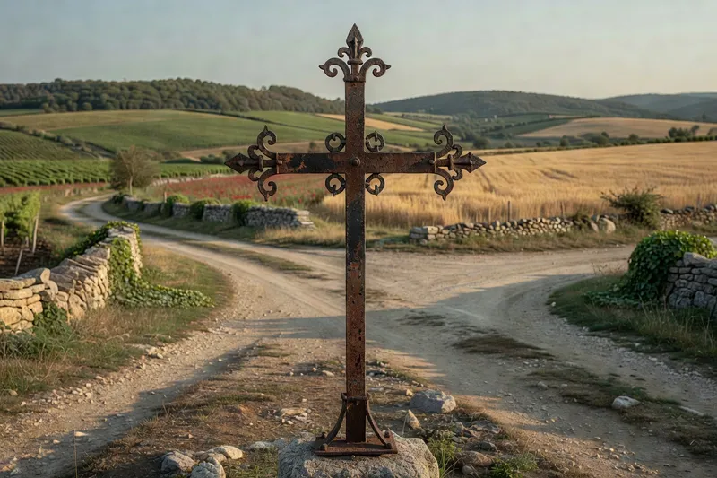 Croix de chemin en fer forgé du XVIIe siècle ornée de motifs de fleurs de lis, hameau de La Croix-Blanche à Pralong
