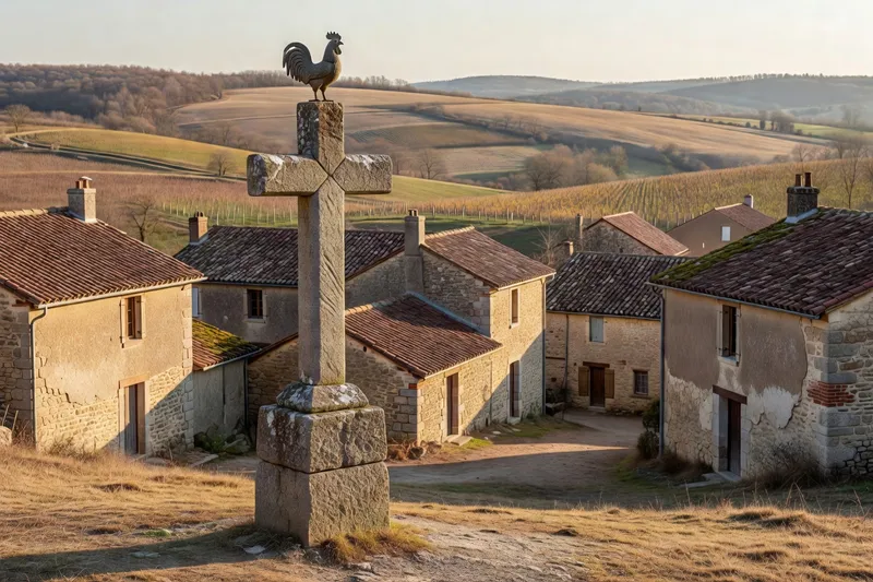 Croix de chemin surmontée d'un coq juché sur le pilier, hameau de La Fouillouse à Pralong