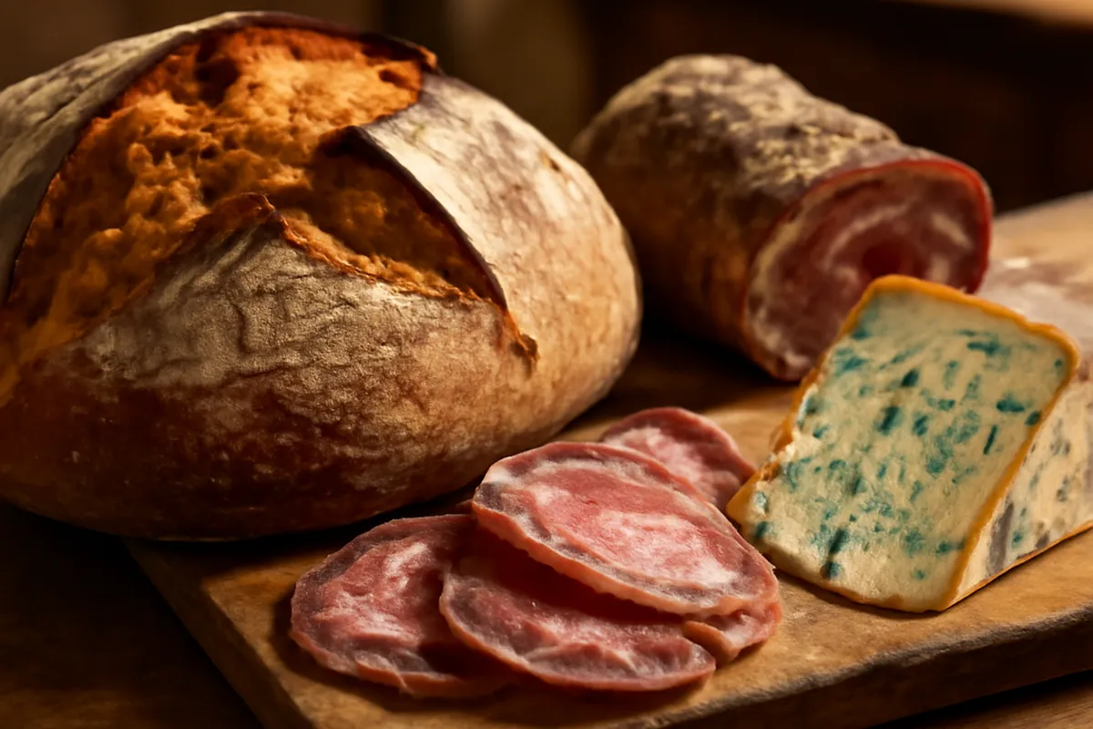 Pain de campagne, charcuterie et fromage fermier sur une table paysanne du Forez
