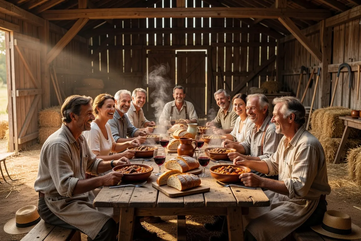 Repas collectif paysan dans une grange du Forez lors des travaux agricoles