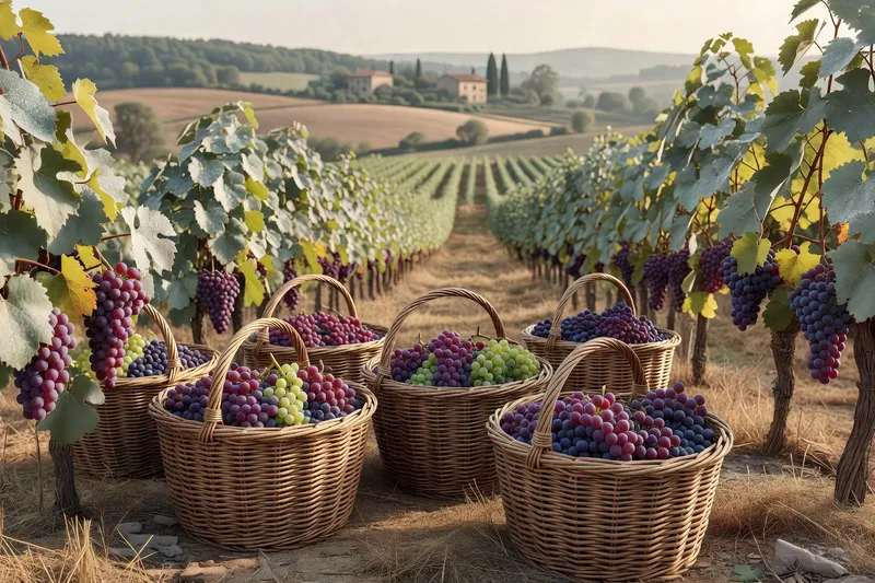 Vendangeur cueillant le raisin à la main sur un coteau escarpé du Forez