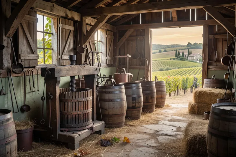 Repas de vendanges partagé entre vignerons et journaliers dans une cour du Forez