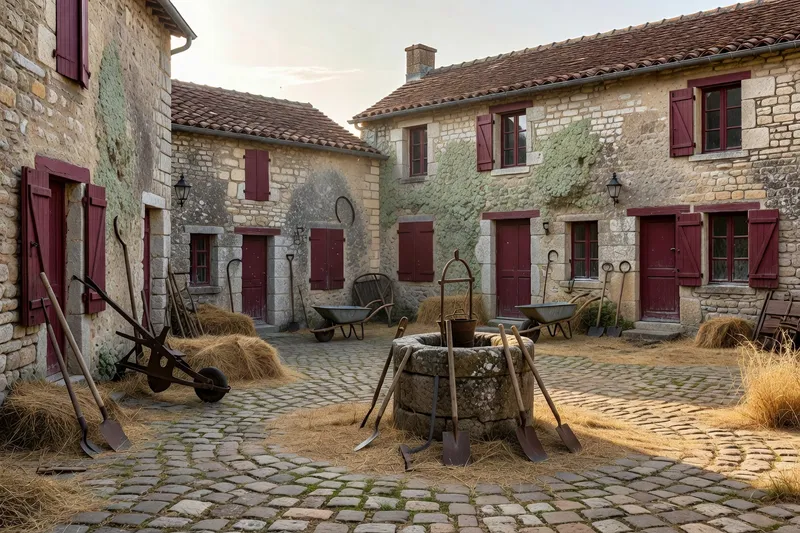 Hameau dispersé du Forez rural entouré de coteaux cultivés en polyculture